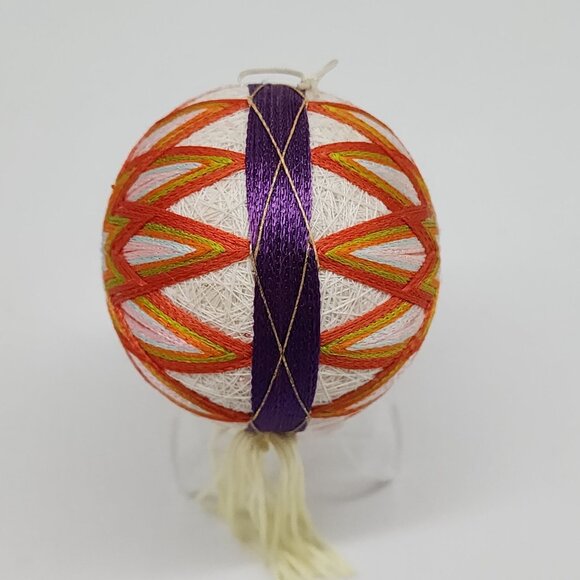 Handmade Japanese Temari Embroidered Ball With Geometric Orange Blue - Picture 2 of 6